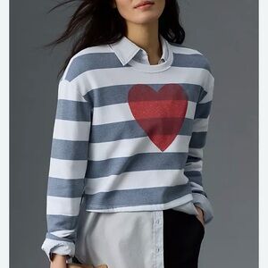 Sundry Blue and White Striped Sweatshirt with Red Heart